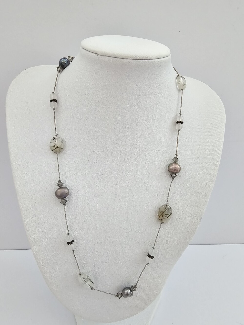 Artisan Hand-Knotted Rutilated Quartz & Peacock Baroque Pearl Station Necklace